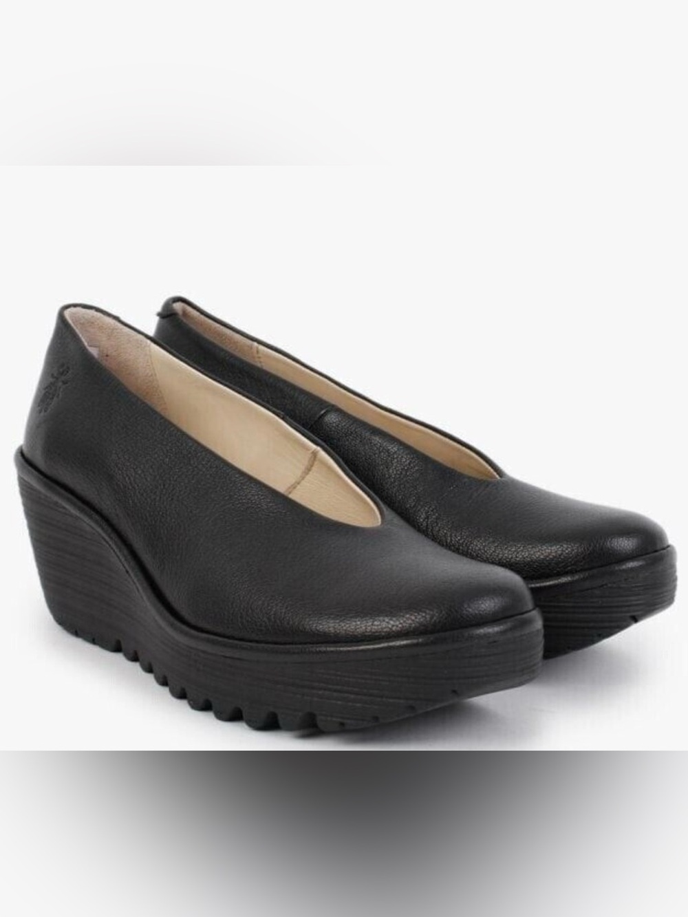 Fly London Yaz black leather platform wedge pumps. Size 9
